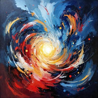 The primary subject of the image is a vibrant and colorful painting featuring a swirling, spiral-like design. The setting is a canvas, and the visual style is a mix of digital art and illustration. The dominant colors in the painting are red, blue, and yellow, creating a lively and energetic atmosphere.